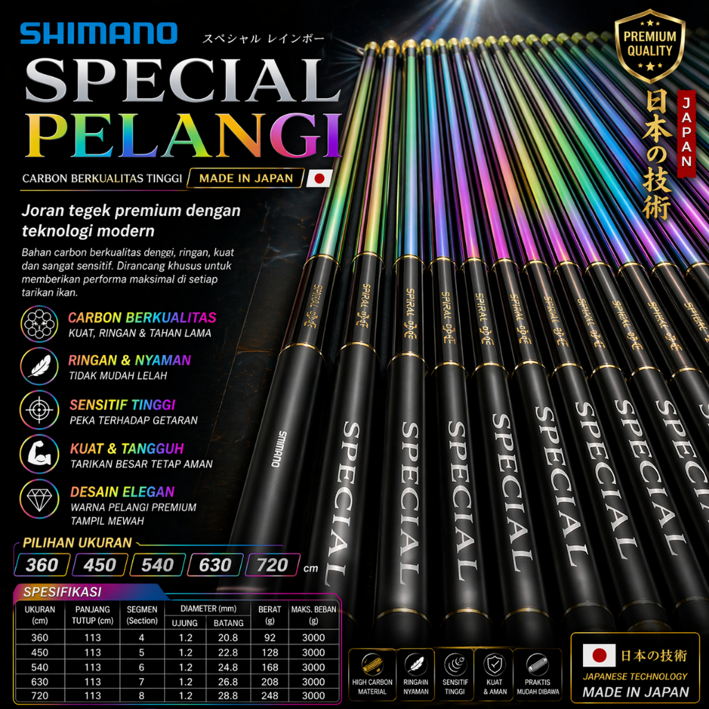 SHIMANO SPECIAL PELANGI Joran Tegek Spek Medium Bahan Carbor Kuat Lentur Dan Ringan
