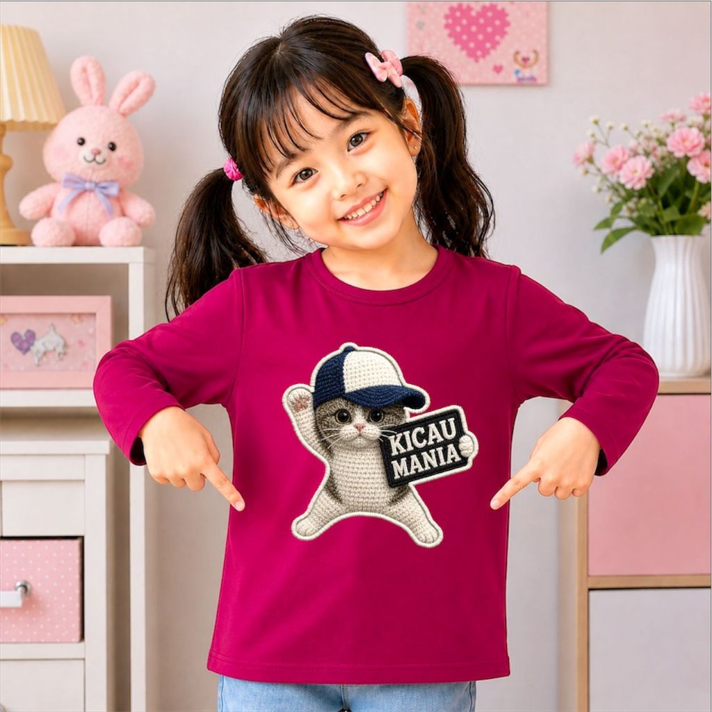 kaos anak kicau mania lengan panjang /baju atasan anak cewe kucing viral kicau mania / t-shirt anak 