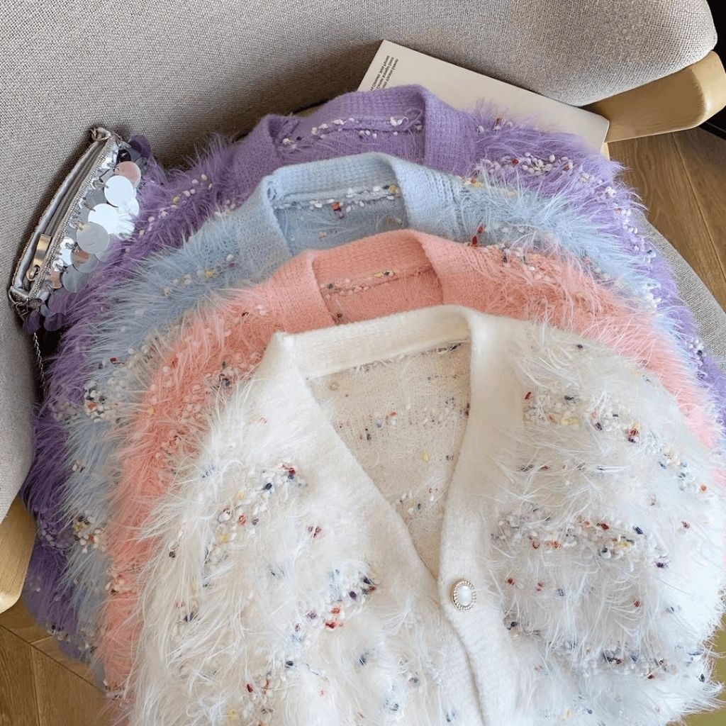 Kardigan Rajut Bulu Fuzzy Verona Cardigan Rajut Import lembut Baju Knitwear Lembut dan Nyaman