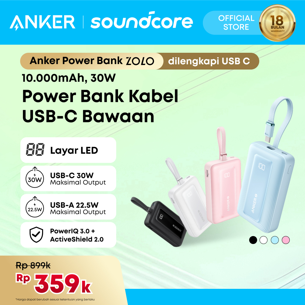 Anker Zolo Power Bank 30W 10000 20000 mAh  with Type C Cable and Lightning Cable Fast Charging PD 3.