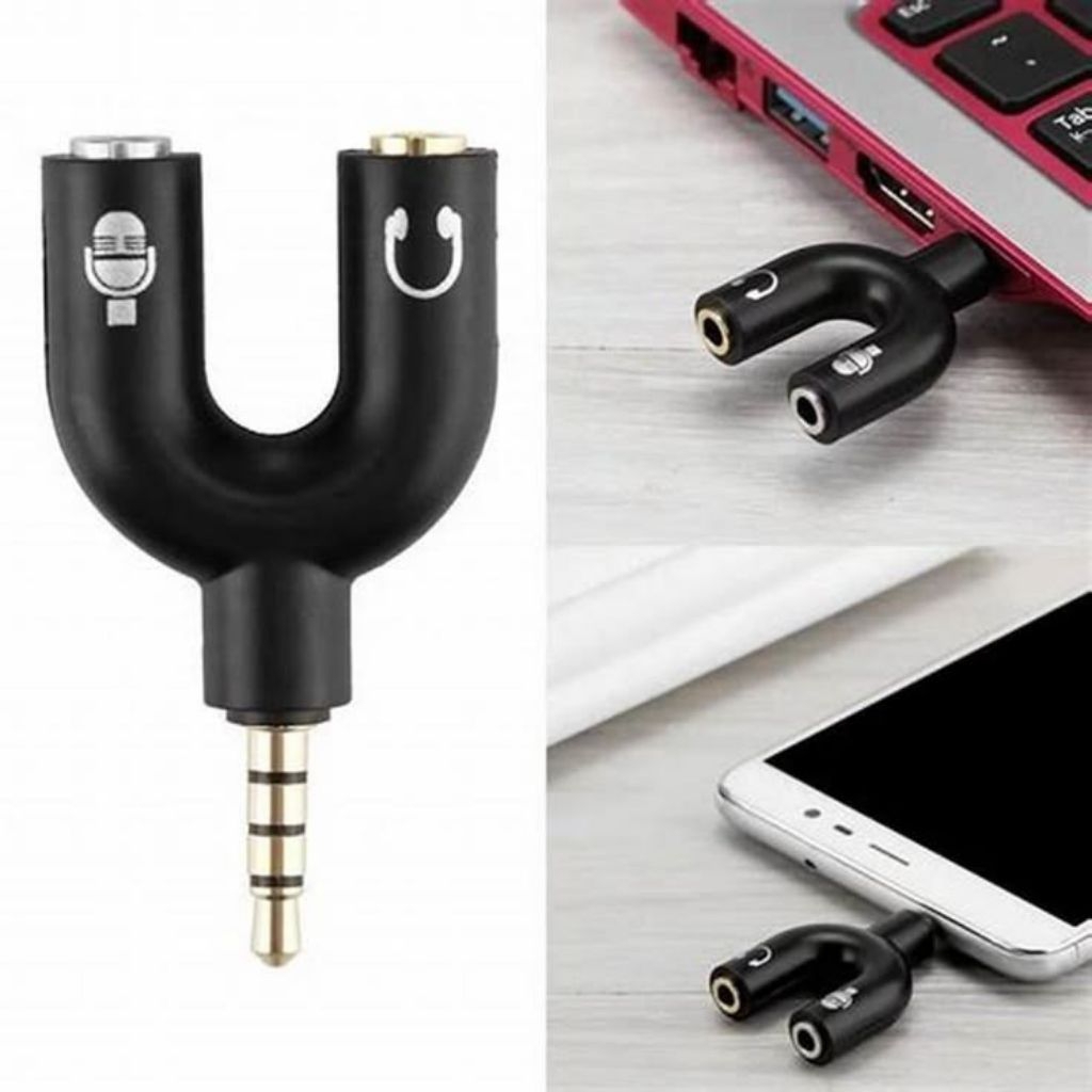 Audio Splitter U Shape 2in1 Connector Audio Aux Jack 3.5mm to Dual Female Headset + Mic 2 Lubang Por