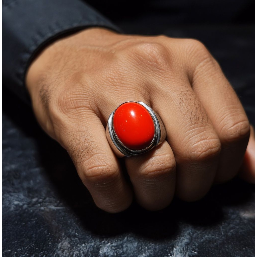 Cincin pria natural batu Akik Red marjan ring monel