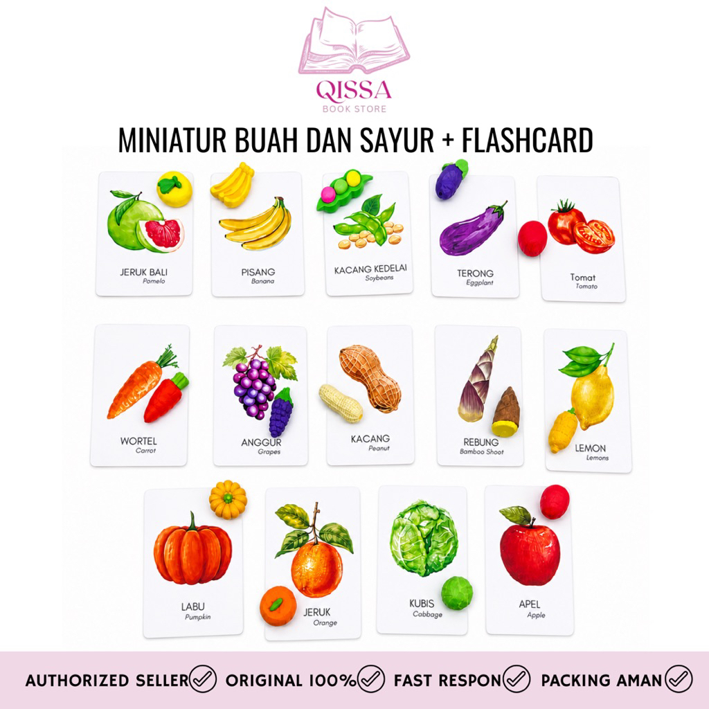 [ READY STOCK ] Mainan miniatur buah dan sayur + flashcard | Mainan mencocokkan buah dan sayur monte