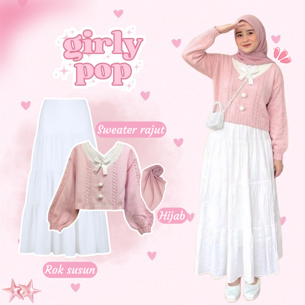 Korean Outfit 3in1 Hijab | One Set Wanita | Sweater Rajut Kawai Pink + Rok Susun Putih Hyget Premium