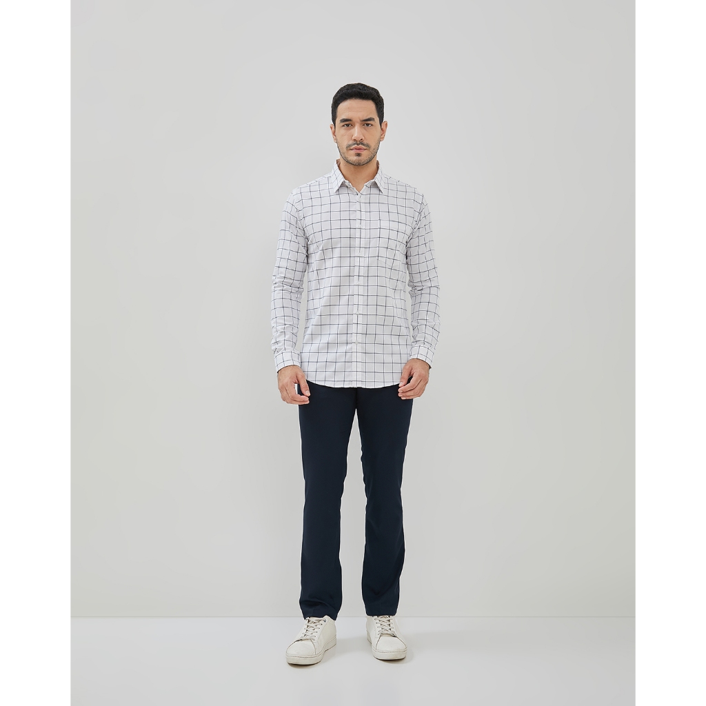 VALINO Kemeja Slim Fit Lengan Panjang Plaids Pria (Putih & Biru)