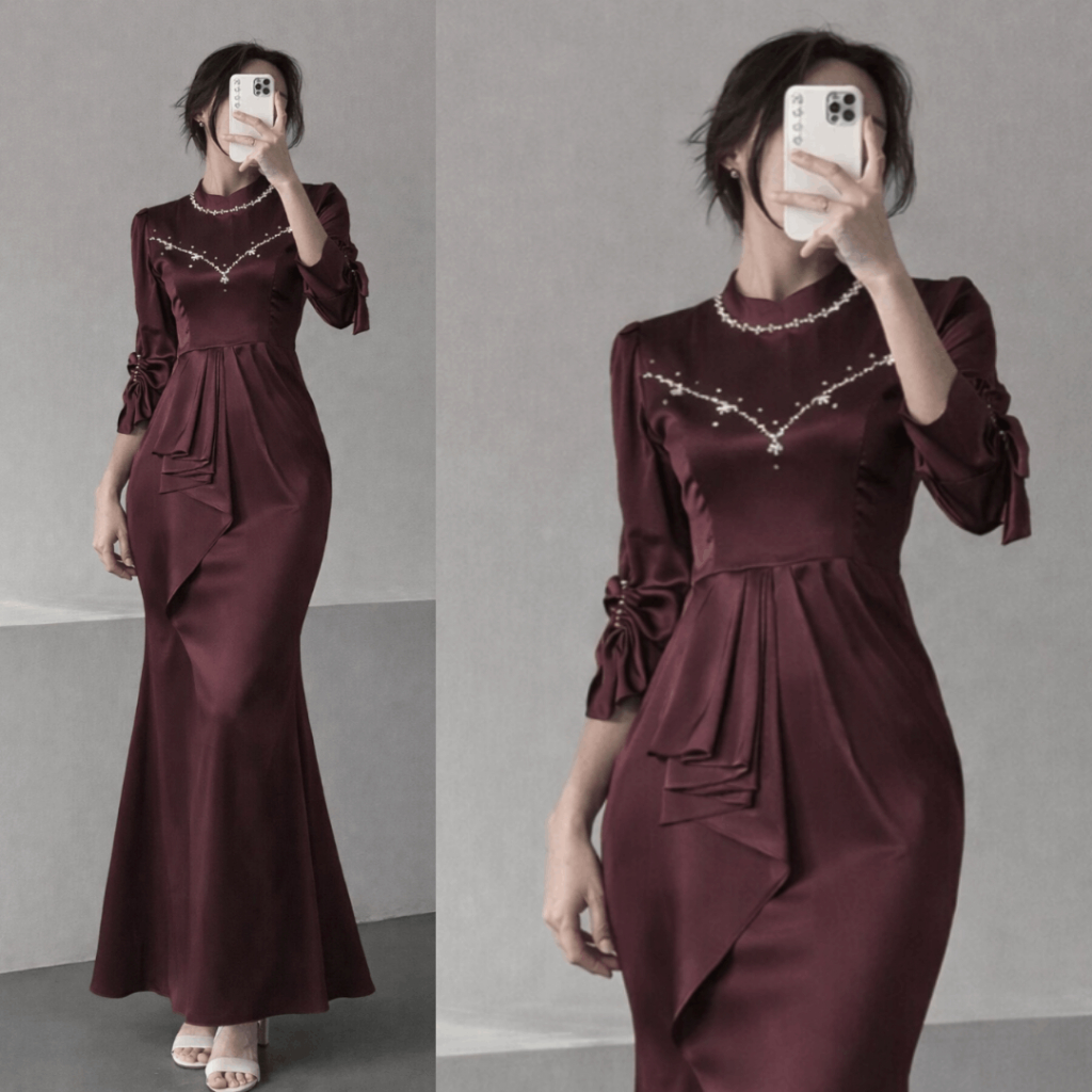 Rashiqa Gamis Kondangan Duyung Dress Wisuda Baju Pesta Lebaran Terbaru Mahogany Burgundy Gamis Broka