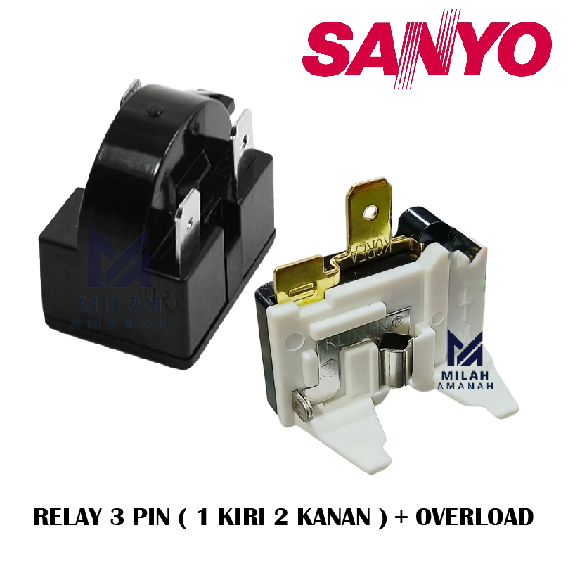 RELAY 3 PIN 1 KIRI 2 KANAN + PTC OVERLOAD KOMPRESOR KULKAS SANYO 1 DAN 2 PINTU