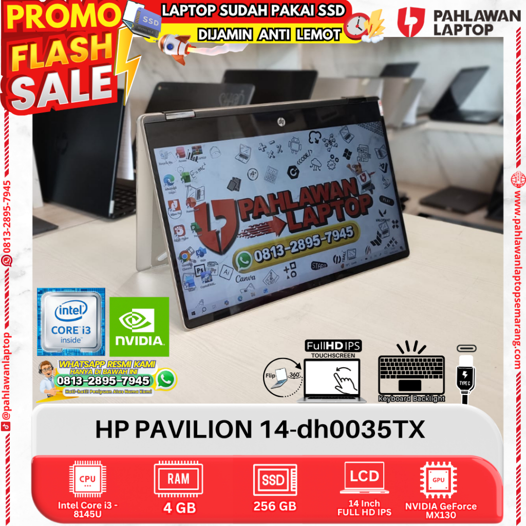 LAPTOP HP PAVILION 14-dh0035TX Core i3 GEN 8 RAM 4GB SSD 256GB HDD 1TB DUAL VGA FLIP TOUCHSCREEN