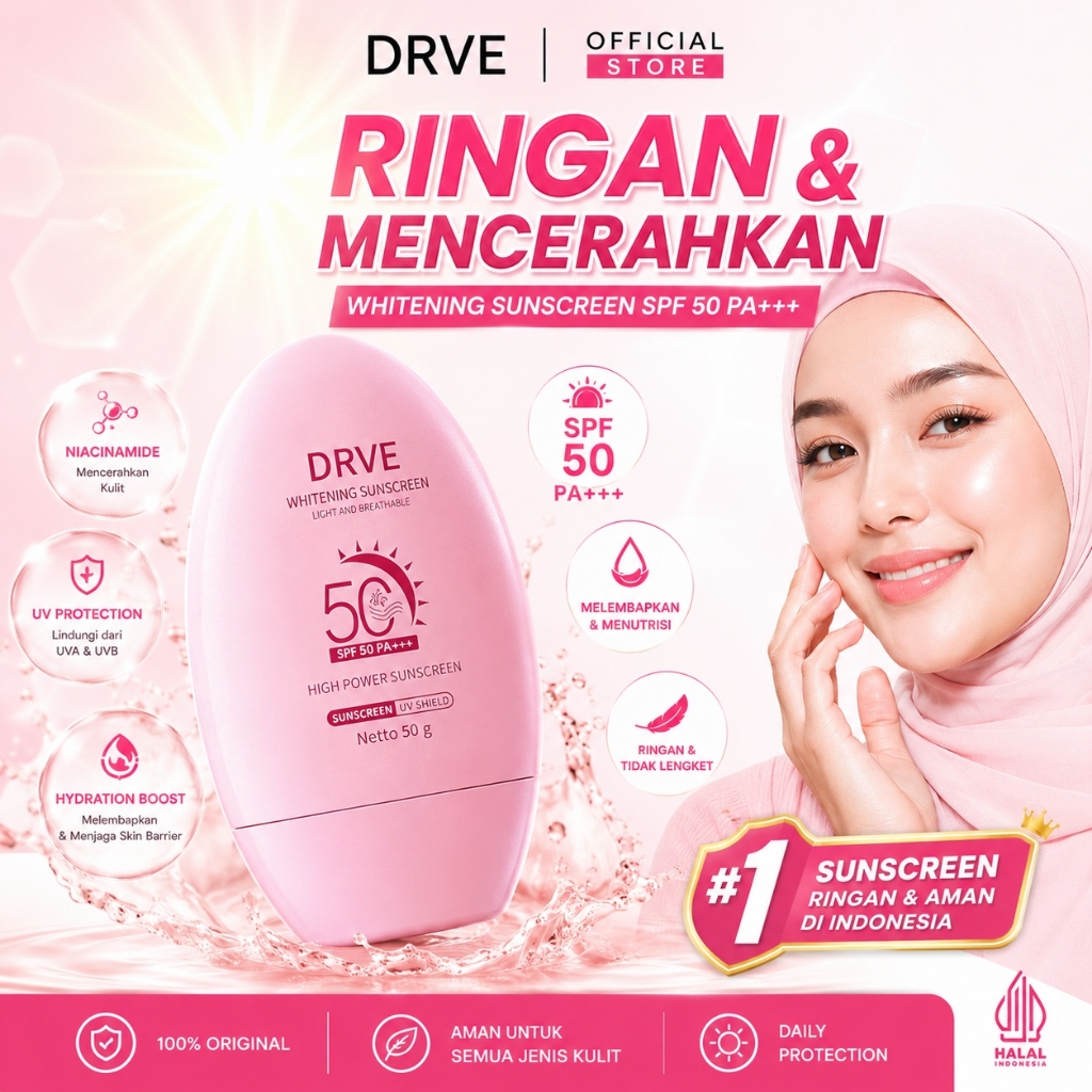 [COD] Drve Whitening Sunscreen SPF50 PA+++ 50g UV Protection Face Sunscreen Korea Anak Pria Cream Co
