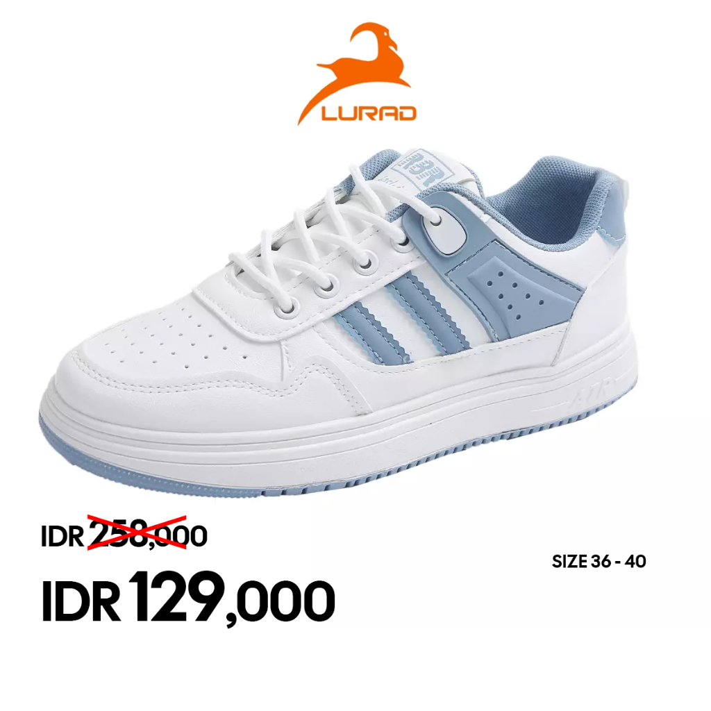 LURAD Sneakers Wanita Warna Biru Soft Bertali Kets Putih Sepatu Cewek Kasual Ringan Sepatu Motif Sim