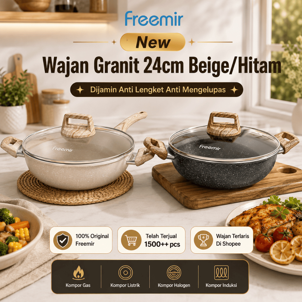 [ORIGINAL 100%] freemir Wajan Kuali Teflon 24cm Anti Lengket Tutup Kaca Gagang Kayu Multifungsi