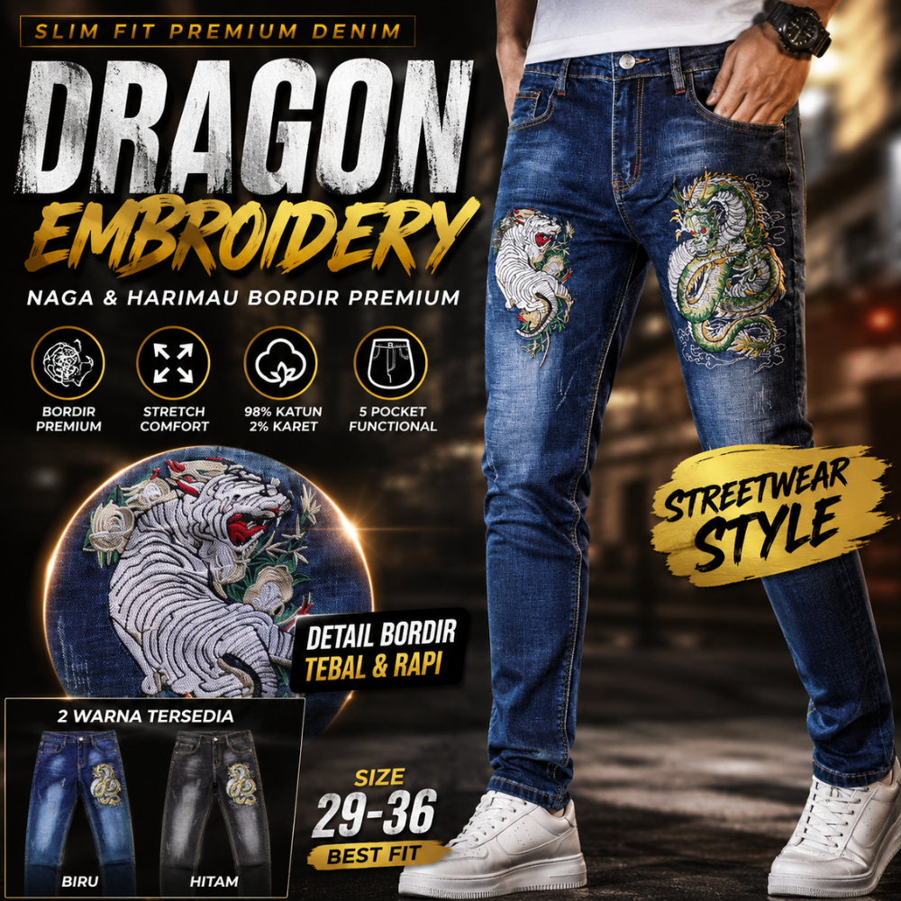 Celana Panjang Jeans Denim Pria Slim fit Bordir Naga dan Harimau Original Etherium