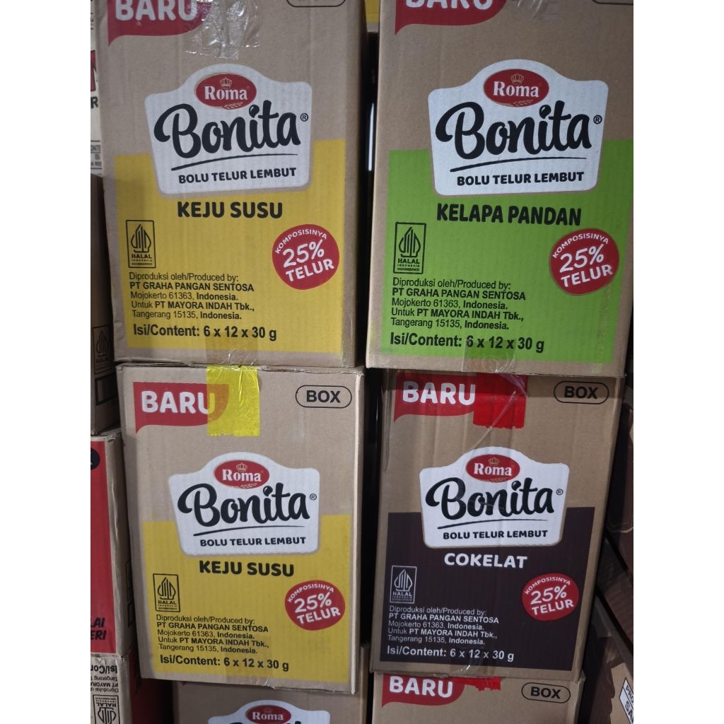 BONITA 1 DUS/KARTON/BOX 72pcs BOLU TELUR LEMBUT ROMA COKLAT KEJU PANDAN UMKM TERMURAH
