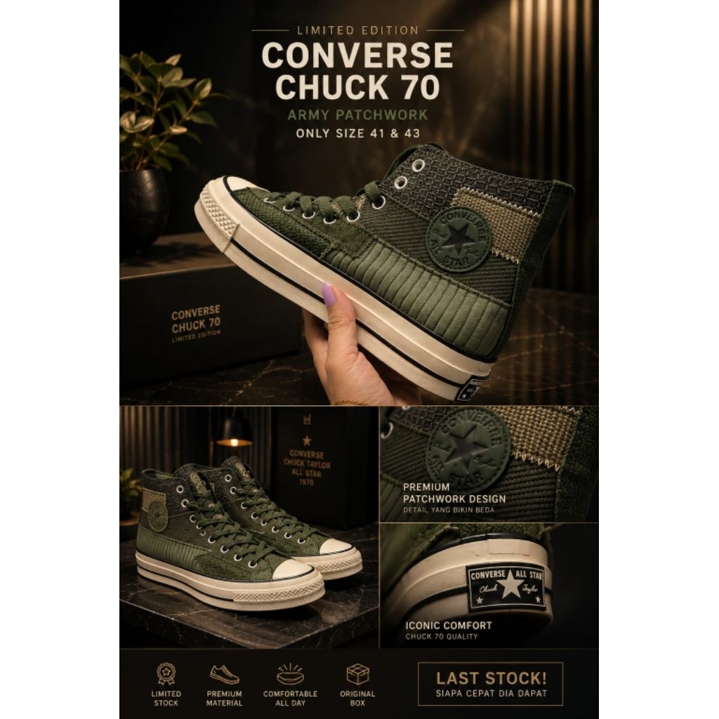 Sepatu Converse 70s Hi Black Forest Egret Mono Patchwork 167138C Army Original BNIB 100%