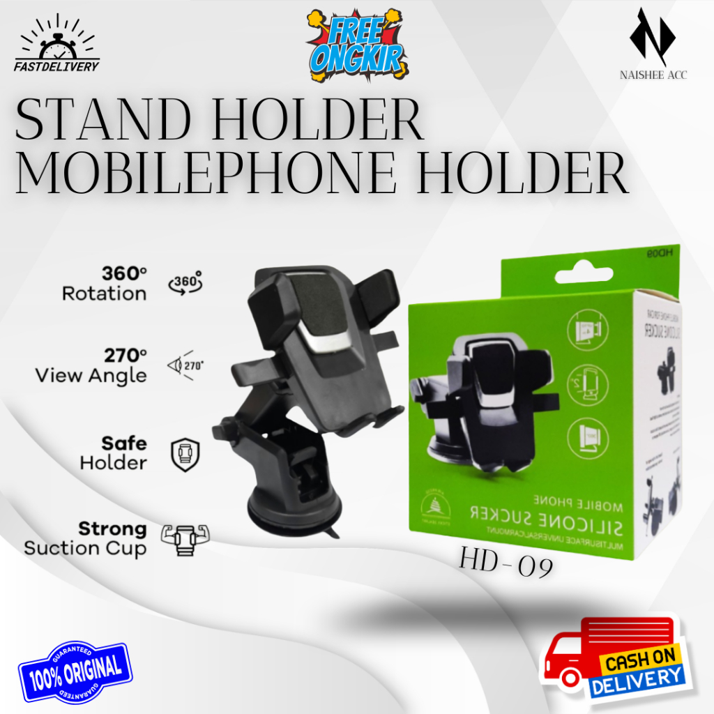 CAR HOLDER STAND HP HD09 FOLDING UNIVERSAL KACA DABOT PHONE MOBIL HD-09 HITAM