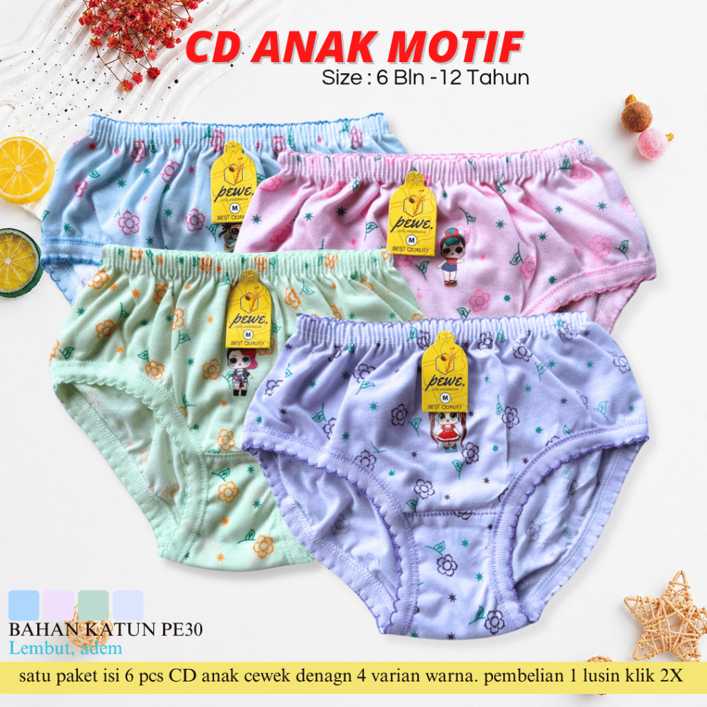 12 Pcs CD Karakter Bunga Full Print cewek umur 1-10 tahun Tebal Murah merek Pewe | daleman boxer ana