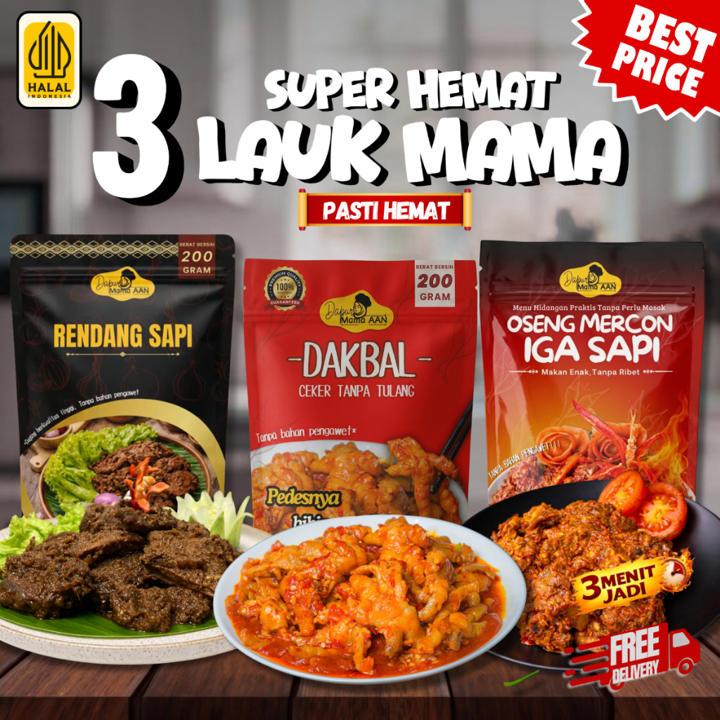 Paket Hemat Rendang + Ceker Tanpa Tulang + Iga Mercon Siap Makan - Dapur Mama Aan