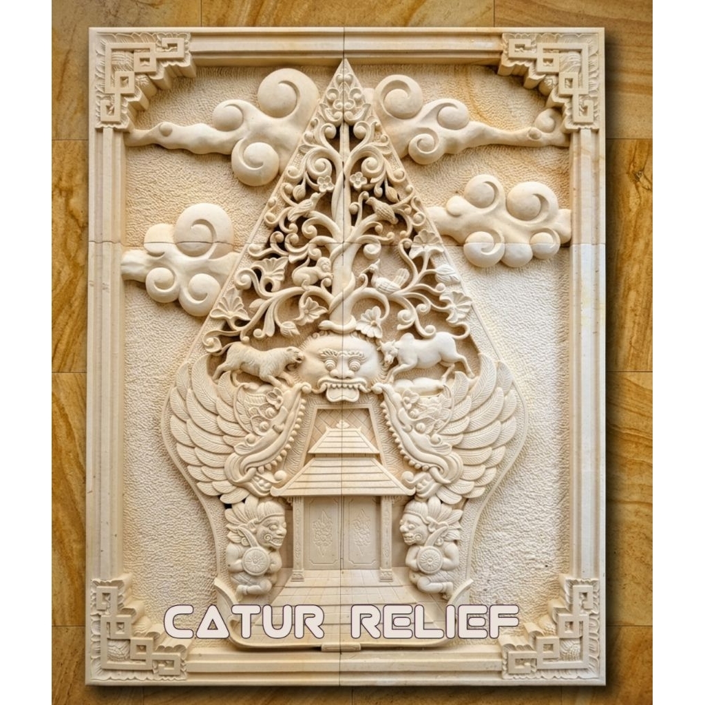 Batu alam relief motif kekayon, motif gunungan klasik dari batu paras jogja