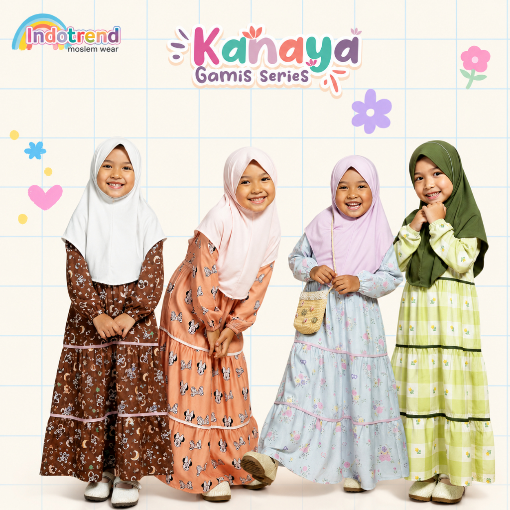 Gamis Anak Perempuan 1 - 13 Tahun Jersey Premium Set Hijab Motif Bunga Lucu Kanaya Series