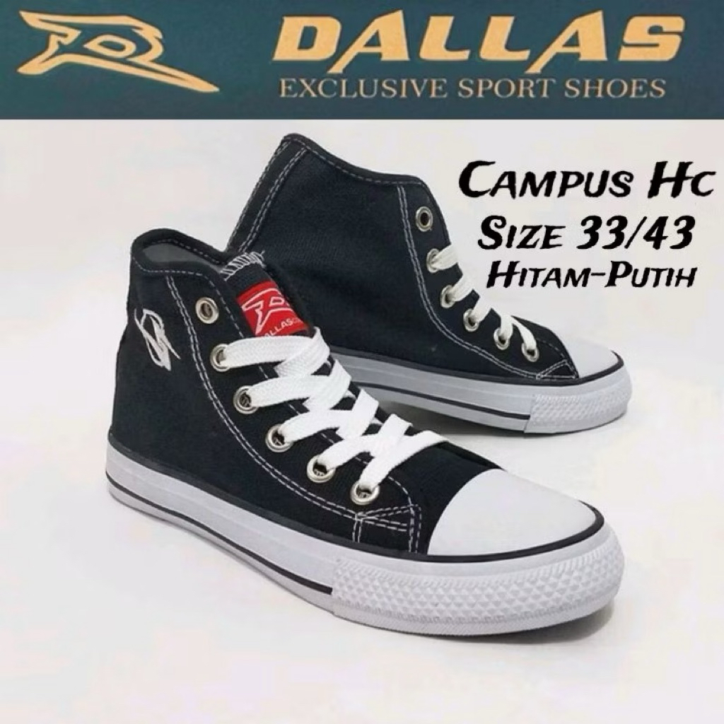 Sepatu Sekolah Merek Dallas Campus Tinggi HC Exclusive Sport Shoes Warna Hitam Putih Black White