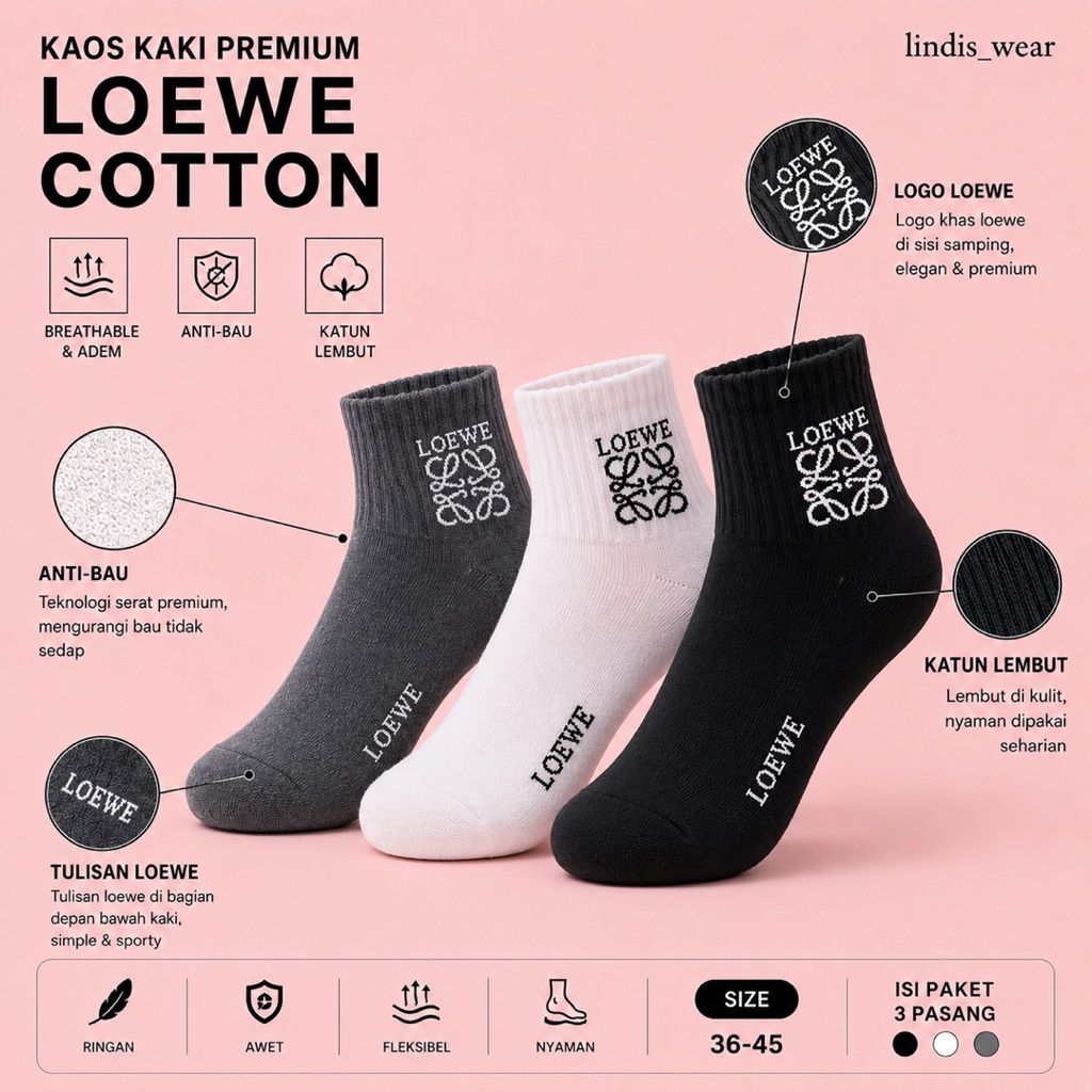 (COD 3PSG) UK 35-45 KAOS KAKI LOEWE OLD SCHOOL UNISEX II SPORT KATUN SPANDEX PE TEBAL PREMIUM