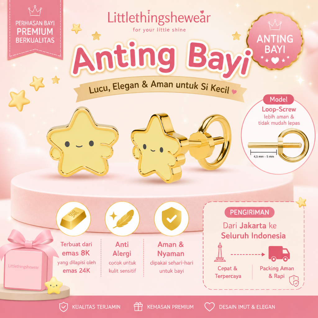 [FREE LM + THR] LITTLETHINGSHEWEAR - Anting Emas Bayi Leira Star Loop Screw - Emas 8K Newborn (Baby)