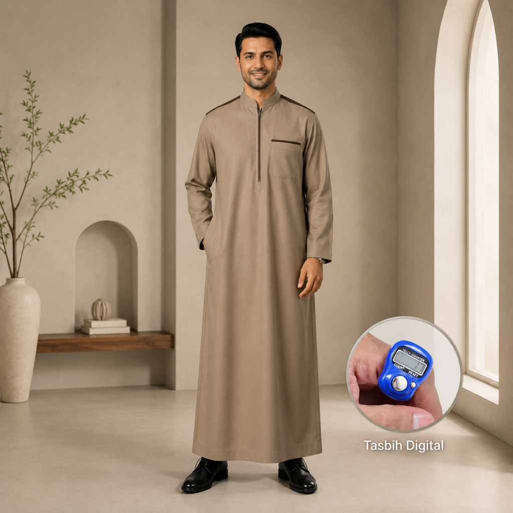 Jubah Muslim Lengan Panjang Model Kerah Resleting Premium | FREE Tasbih Digital Bahan Adem, Jahit Ra