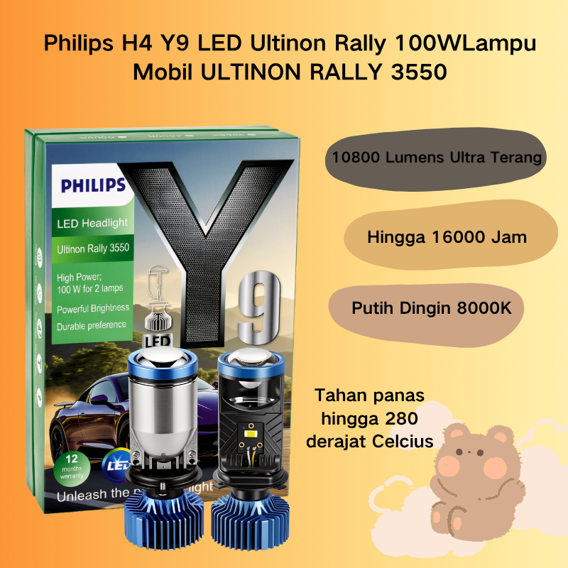 Philips Lampu Mobil H4 Y9 LED 100W 10800 Lumens Ultra Terang