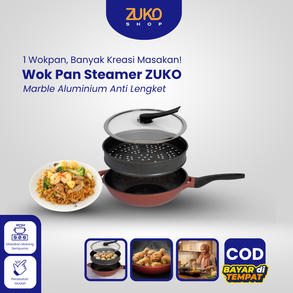 ZUKOSHOP OFFICIAL - Wok Pan | Wok Pan Steamer Marble Aluminium Anti Lengket