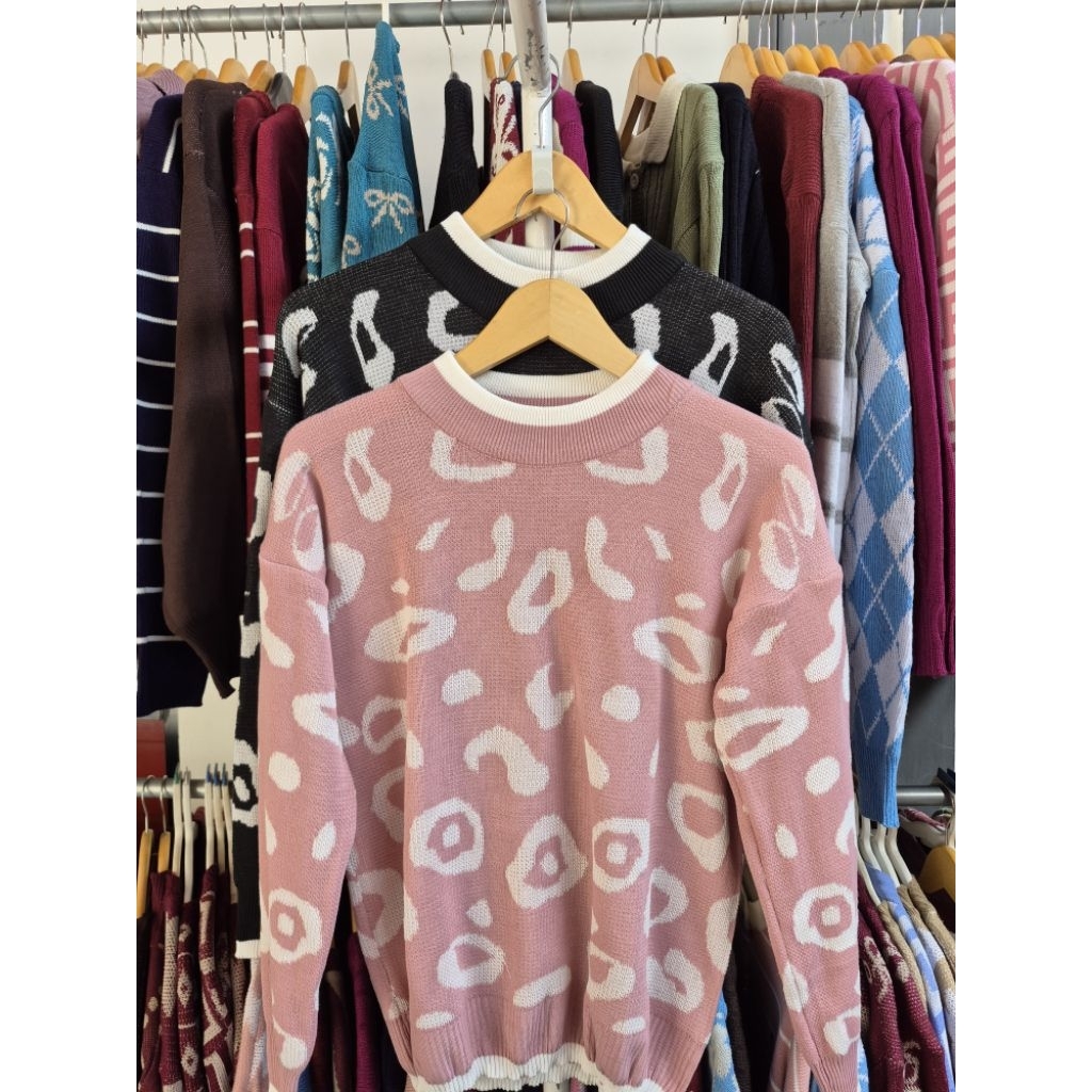 Sweater Rajut Premium motif Leopard wanita lengan panjang