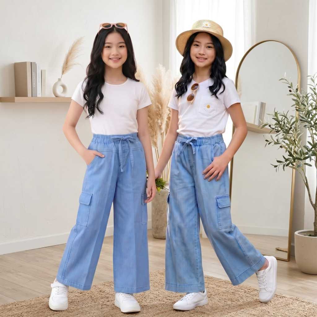 Celana Jeans Cargo Anak Perempuan 4-16 Tahun / Kulot Cargo Jeans Anak Perempuan / Kulot Cargo Anak P