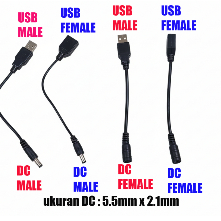 kabel usb male to dc male - usb male to dc female - usb female to dc male - usb female to dc female 