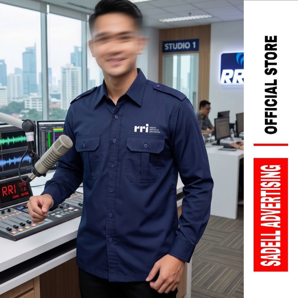Kemeja RRI Seragam RRI Baju RRI Navy PDH Lengan Panjang Pria Bordir