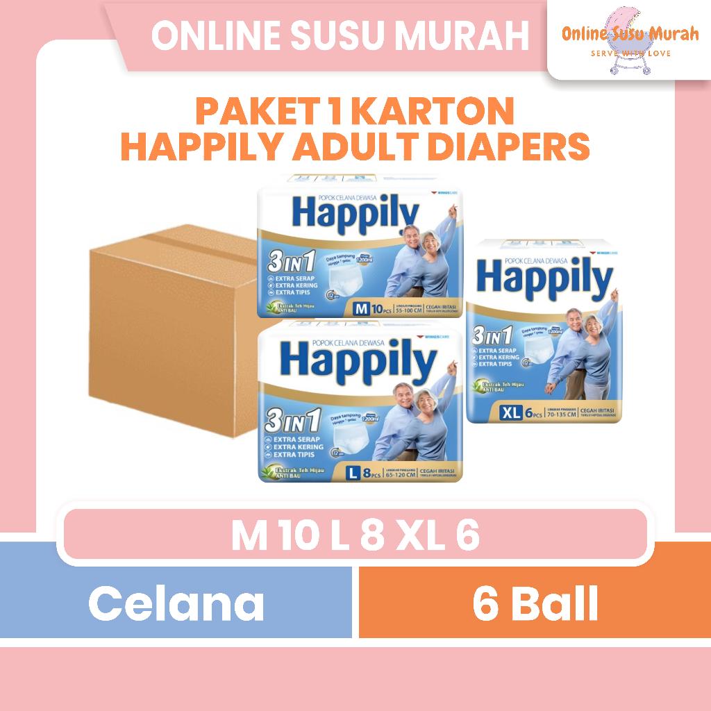 HAPPILY PAKET 1 KARTON 6 BALL POPOK CELANA DEWASA 3IN1 M10 L8 XL6 DIAPERS ADULT M 10 L 8 XL 6 PPKS