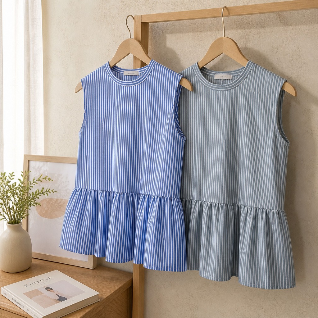 Vest Inner Peplum Blouse Wanita Motif Stripe Ruffle Pinggang Fashion Korea Casual Elegan Kekinian