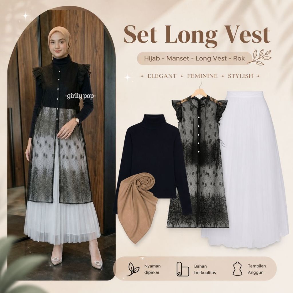 4in1 Setelan wanita Vest Long Tunik Brukat + Rok Tutu Putih Ootd Hari Raya Outer Brukat Hitam Style 
