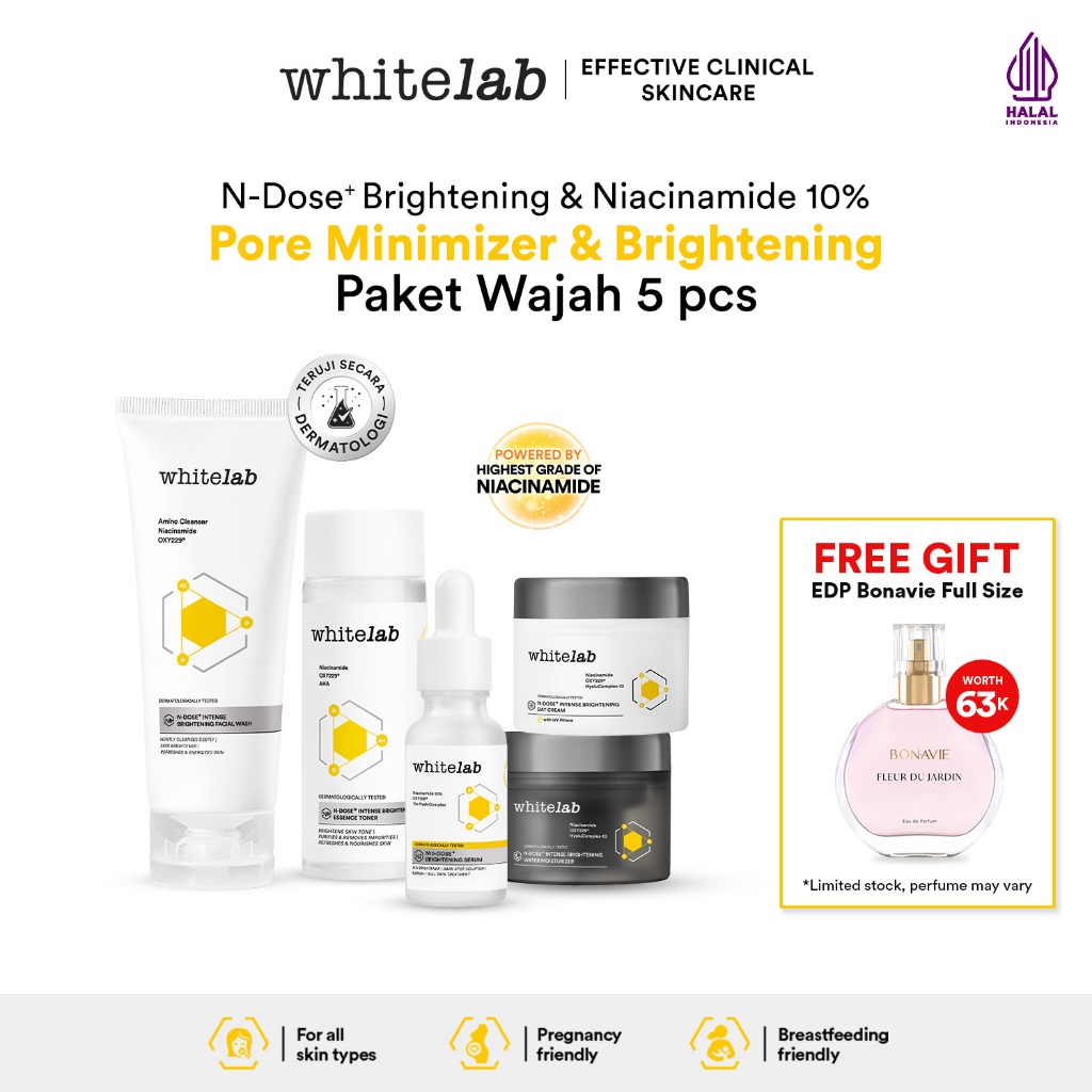 Whitelab Paket Wajah Brightening Niacinamide Facial Wash, Toner, Serum, Day & Night Moisturizer - 5 