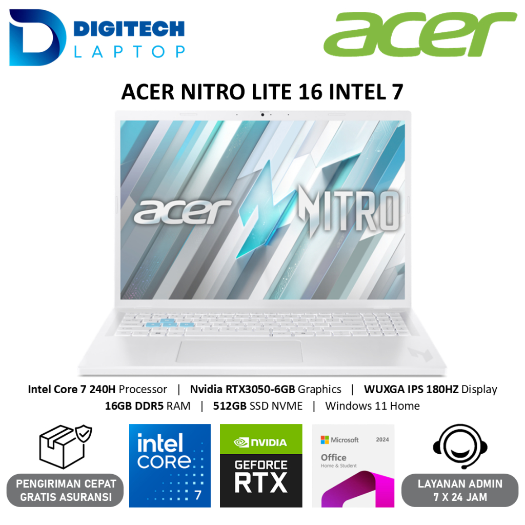 Acer Nitro Lite 16 NL16 71G Intel Core 7 240H 16GB 512GB SSD RTX3050 6GB WUXGA IPS 180Hz 100%sRGB W1