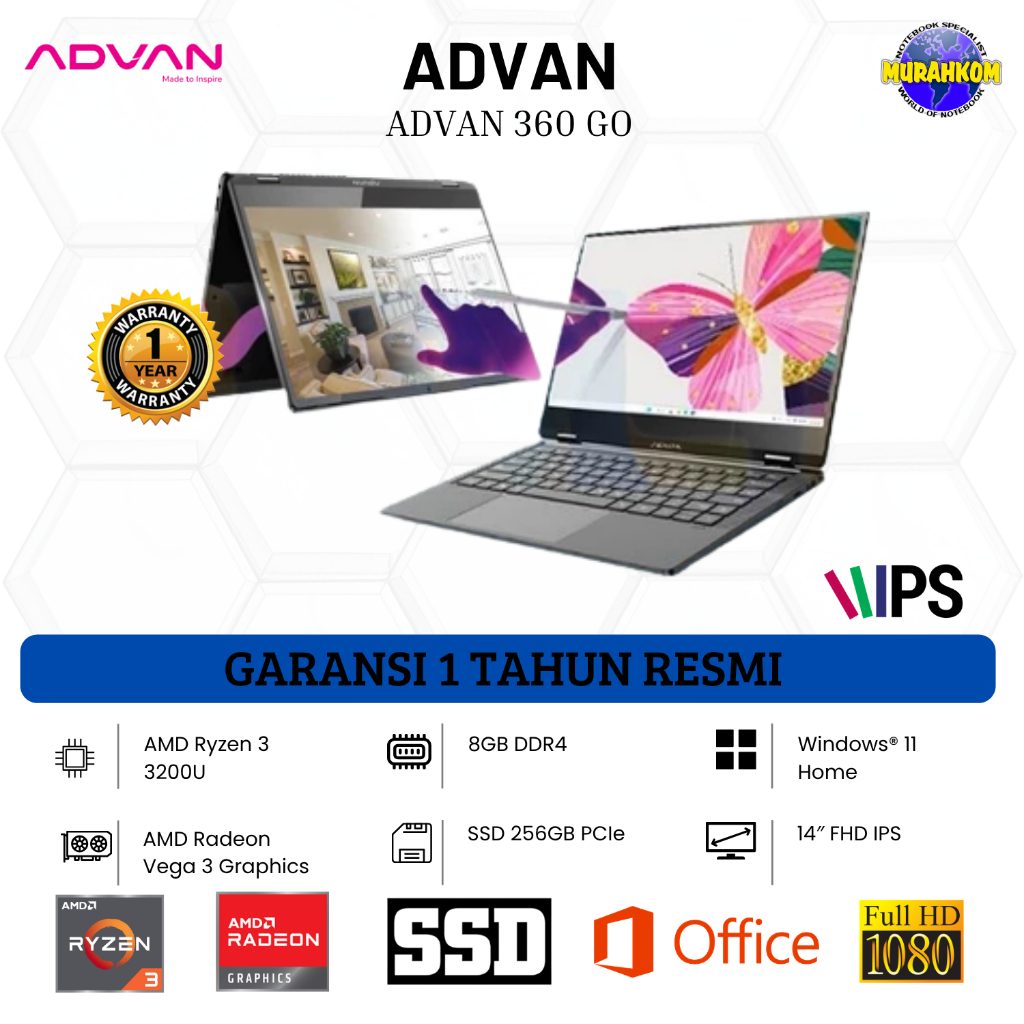 Advan 360 GO AMD Ryzen 3 3200U 8GB SSD 256GB 14FHD IPS Touchscreen Win11