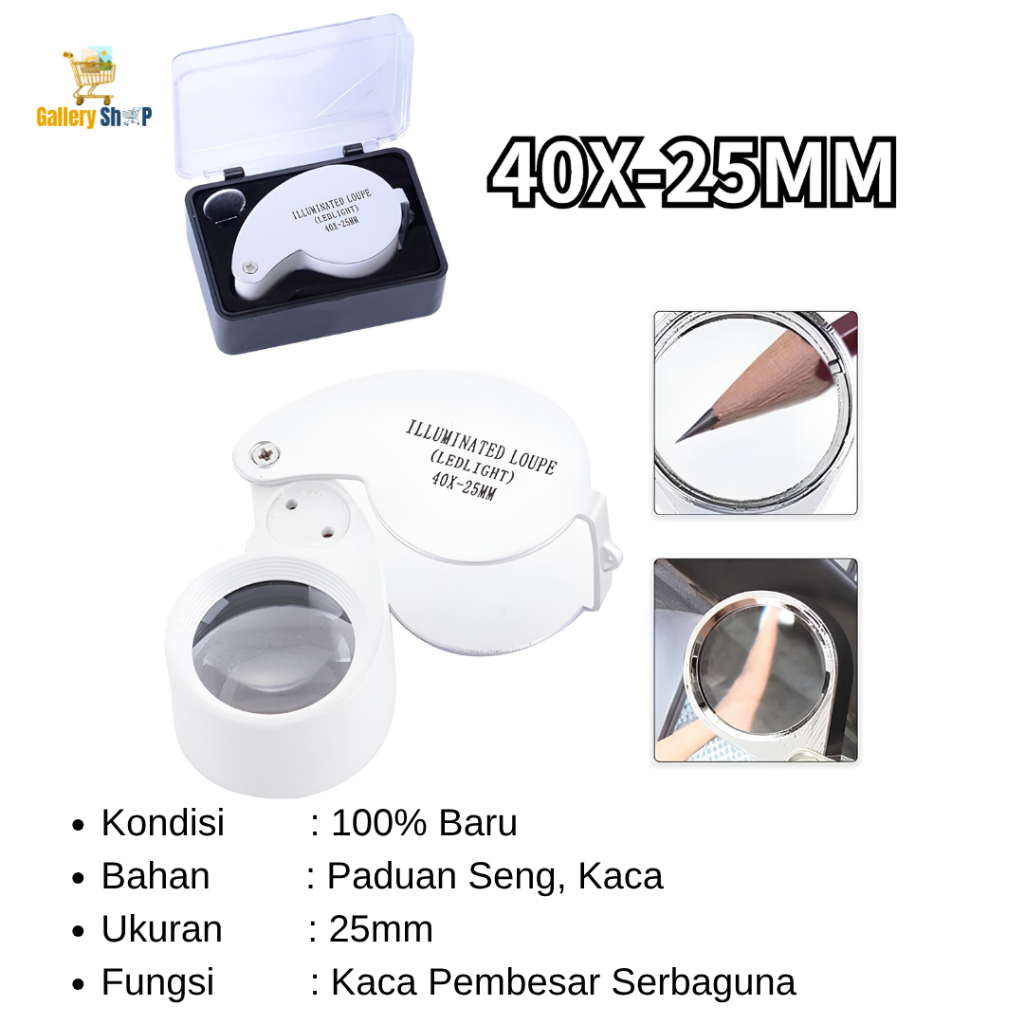 Kaca Pembesar 40x25mm Dengan Lampu LED | Loupe Geologi