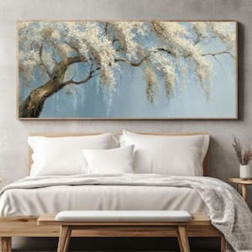 Lukisan dinding minimalis modern pohon wisteria putih untuk hiasan dinding rumah