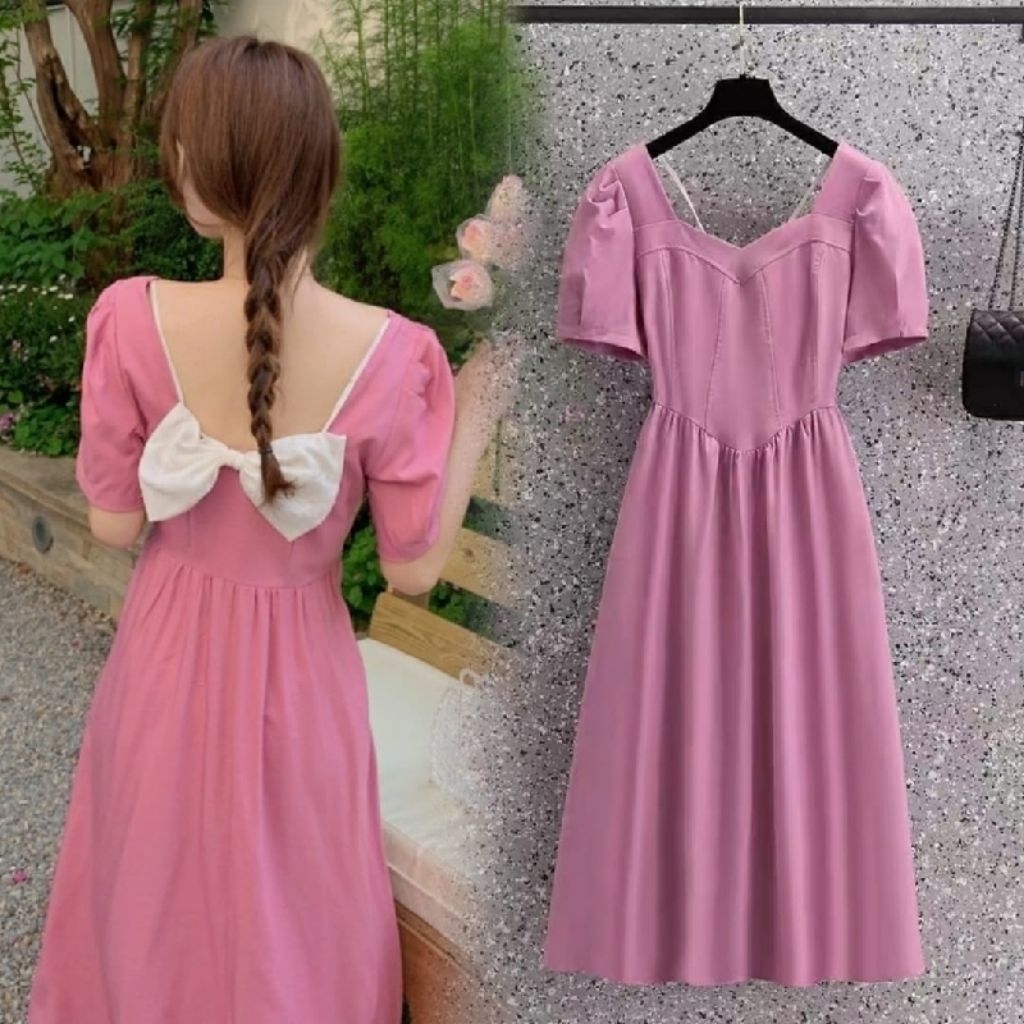 Dress Pito Wanita – Midi Dress Pink Korean Style Pita Belakang Elegan