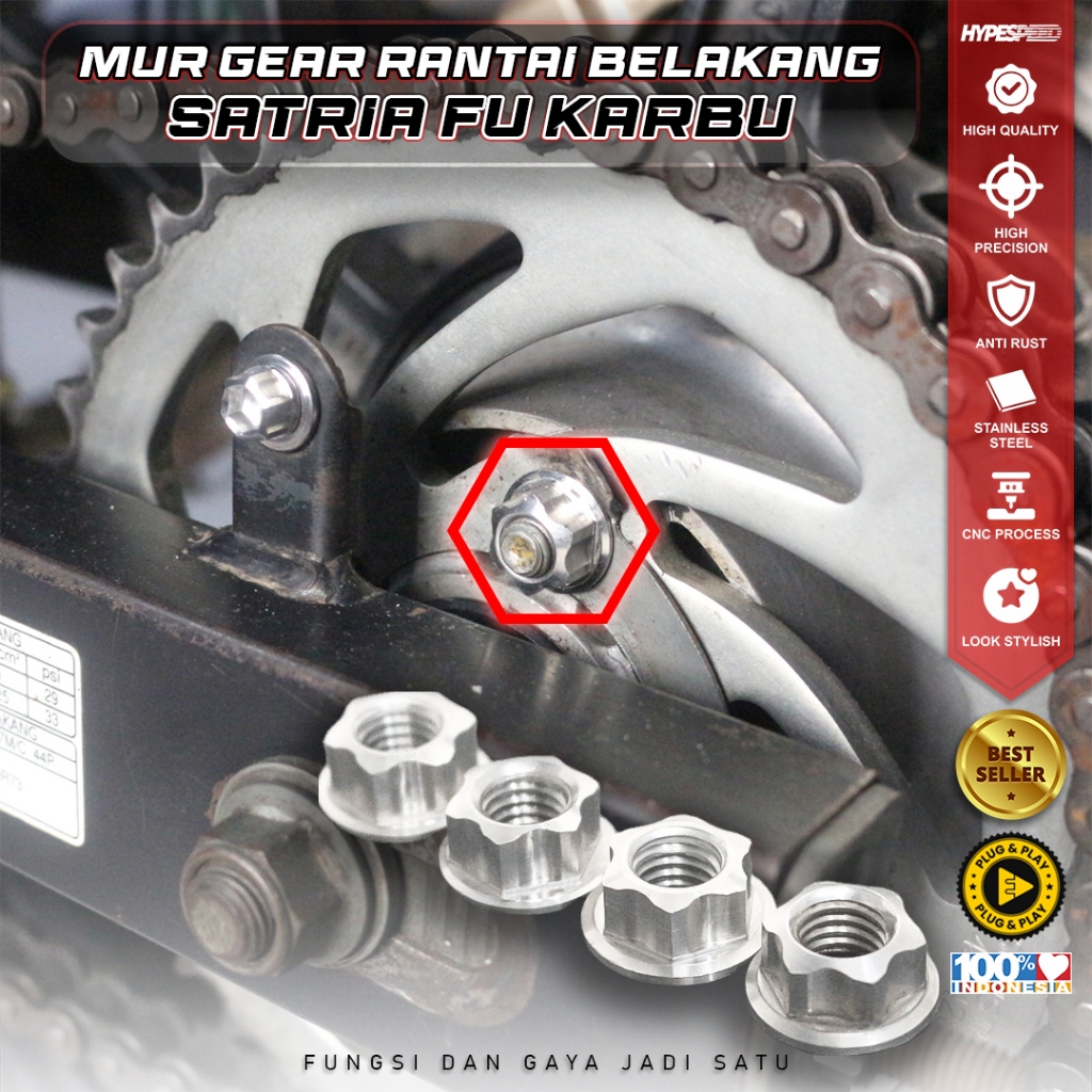1 SET MUR STAINLESS GIR RANTAI BELAKANG SUZUKI SATRIA FU 150 2004 - 2015 PROSES CNC model HEX STAR a