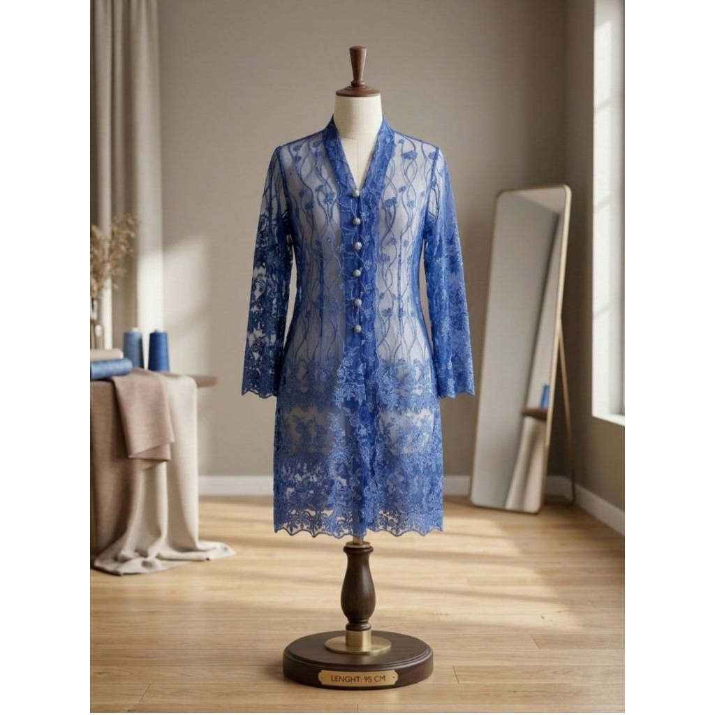 Atasan Outer Tunik Kebaya Brukat Lengan Panjang Navy M