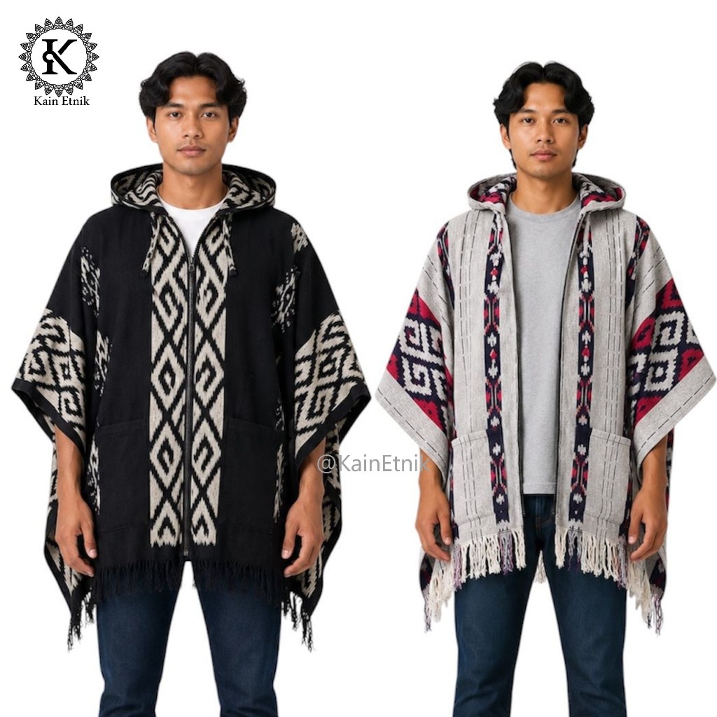 Hoodie Tenun Batwing Resleting / Hoodie Ponco Tenun Etnik Pria Wanita - Kain Etnik