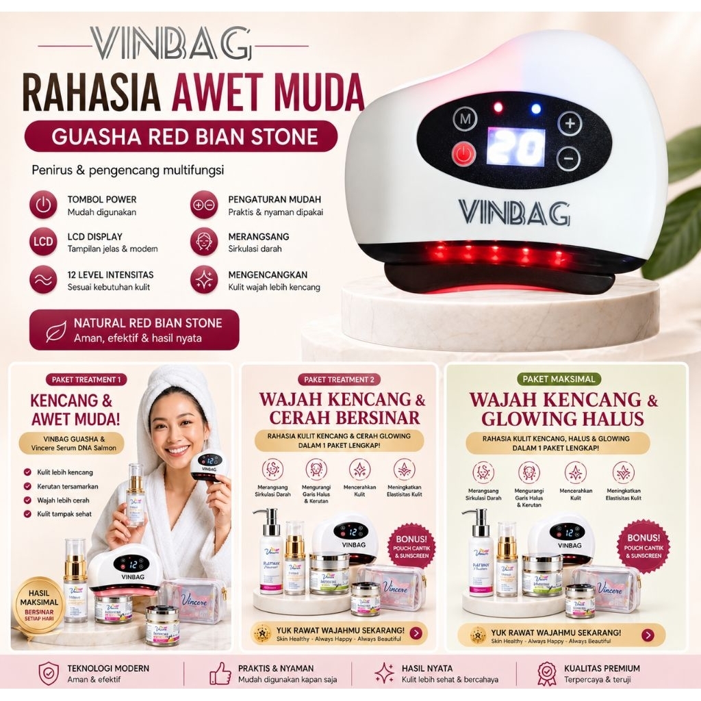 100% ORIGINAL Vinbag Guasha Red Bian Stone 12 level– Alat Pijat Wajah Anti Aging, Angkat Wajah, Kenc