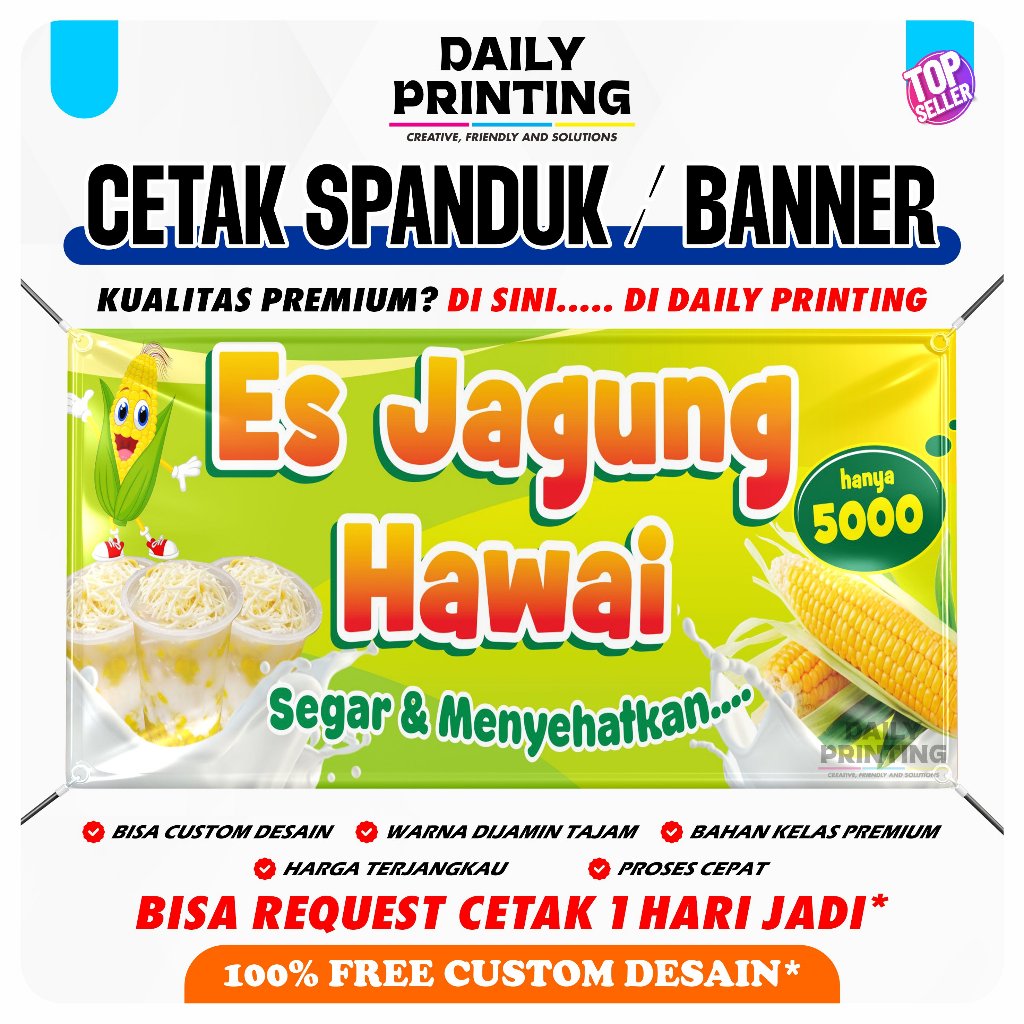 FREE DESAIN CETAK SPANDUK CUSTOM BAHAN FLEXI - SPANDUK ES JAGUNG - SPANDUK JUAL ES JAGUNG HAWAI