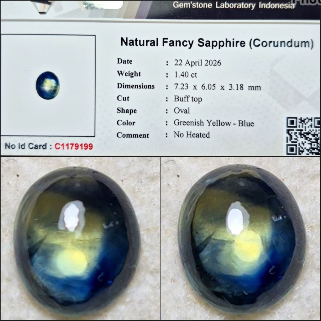 Natural Fancy Sapphire 1.40 crt NoHeated Bicolor Greenish Yellow Blue Memo Lab