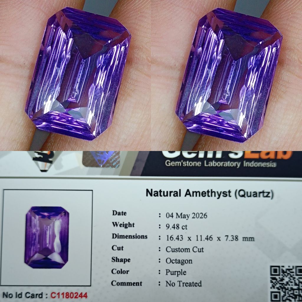 NATURAL AMETHYST QUARTZ BIG SIZE 9.48 CARAT CUTTING CUSTOM GOOD LUSTER EYE CLEAN MEMO GLI LAB
