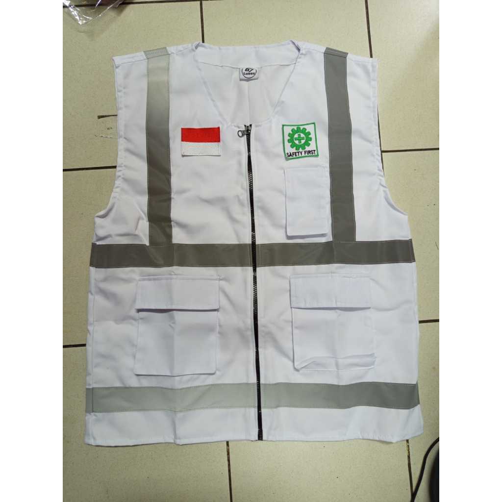 Rompi Safety Bahan drill Rompi Safety Proyek Warna Putih + Logo